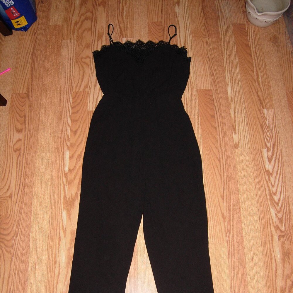 Greylin Anthropologie Strappy Lace Trim Black Jumpsuit Jumper Elastic Waist S